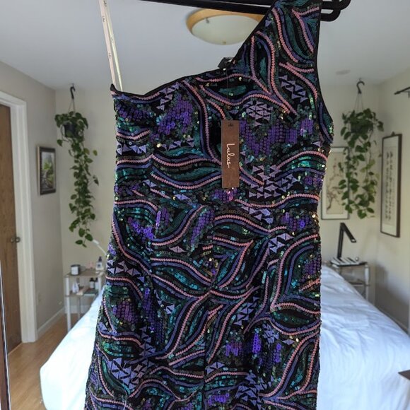 NWT Make a Statement Black Sequin One-Shoulder Bodycon Mini Dress - Picture 8 of 9